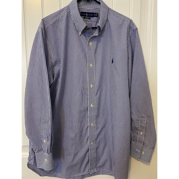Ralph Lauren Shirt Mens 17.5 Blue White Stripe Pony Logo Button Up Preppy Career - Picture 1 of 10